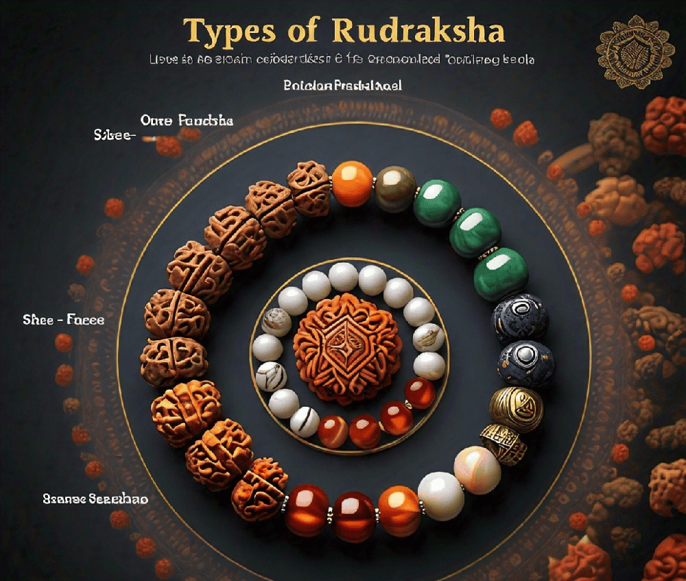 A visually appealing display of various types of Rudraksha beads, showcasing their unique patterns and colors, symbolizing protection and good fortune